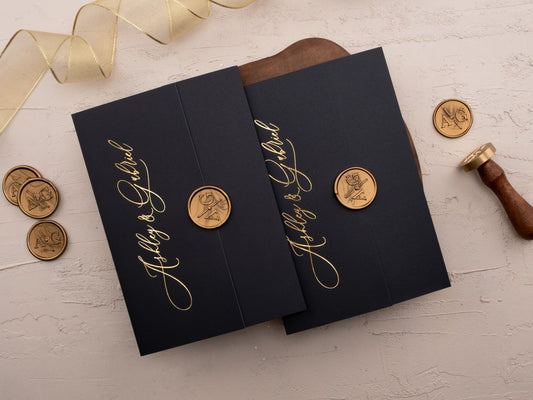 Folded Acrylic Wedding Invitations with Gold Wax Seal