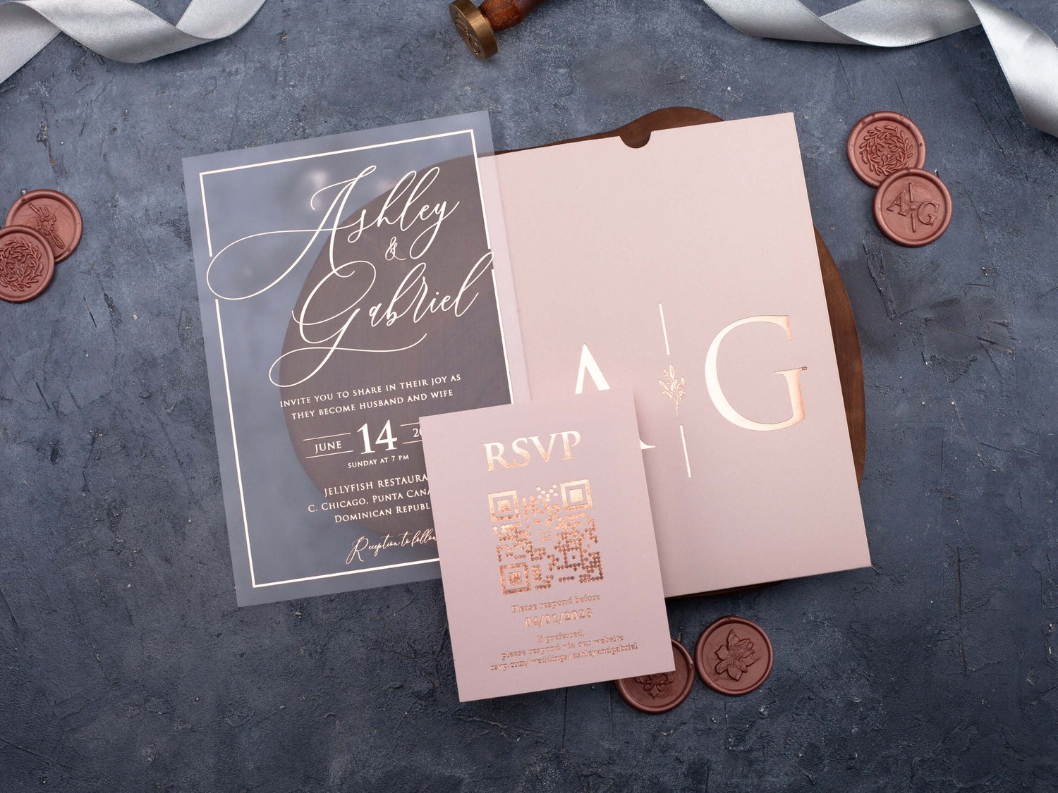 Variety of popular wedding invitations, featuring unique materials and finishes