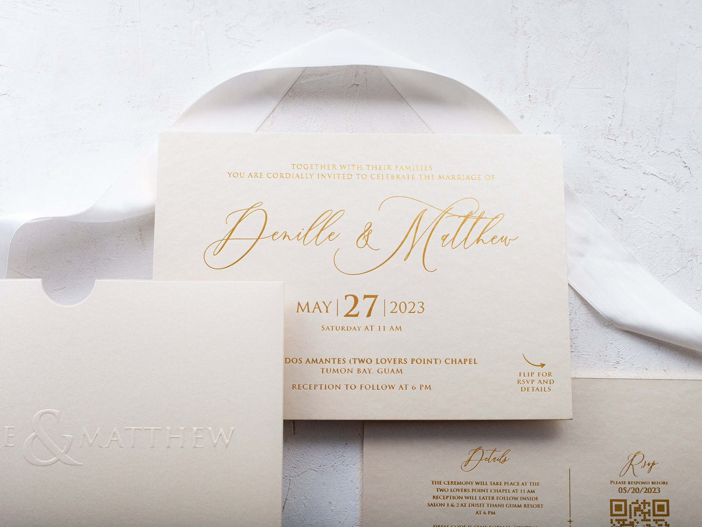 Ivory and Gold Wedding Invitation, Luxury Looking Embossed Invitation Card