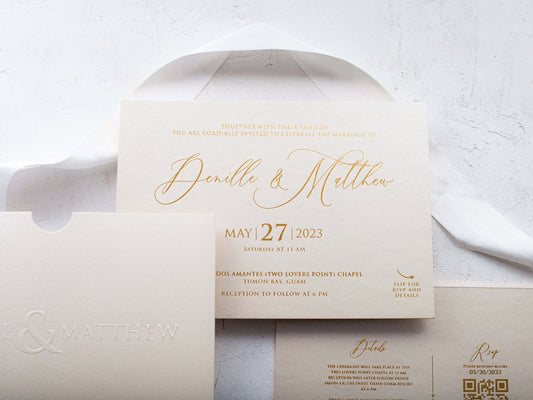 Ivory and Gold Embossed Wedding Invitations