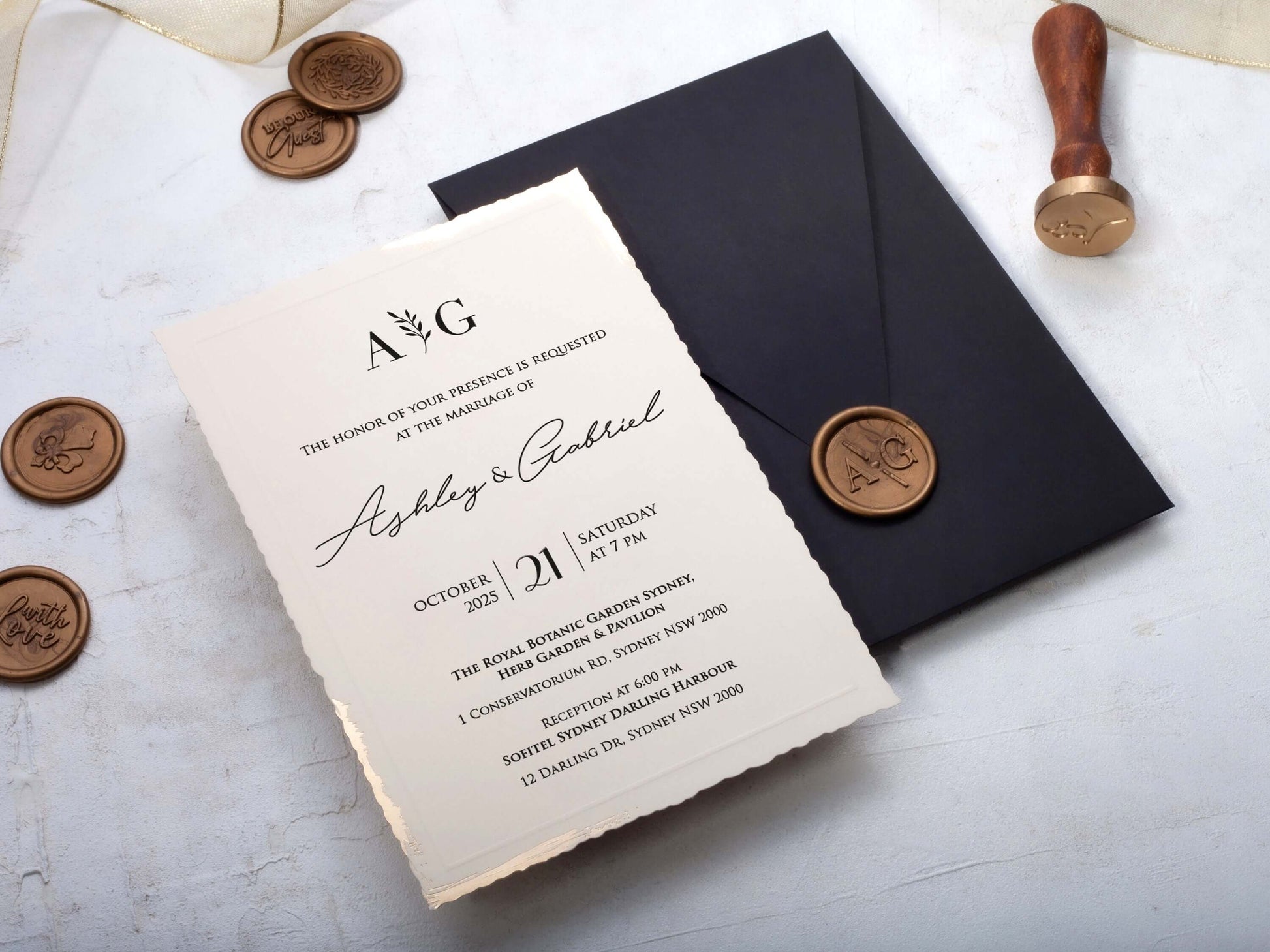 Minimalist Ivory Deckle Edge Wedding Invitation with Black Envelope