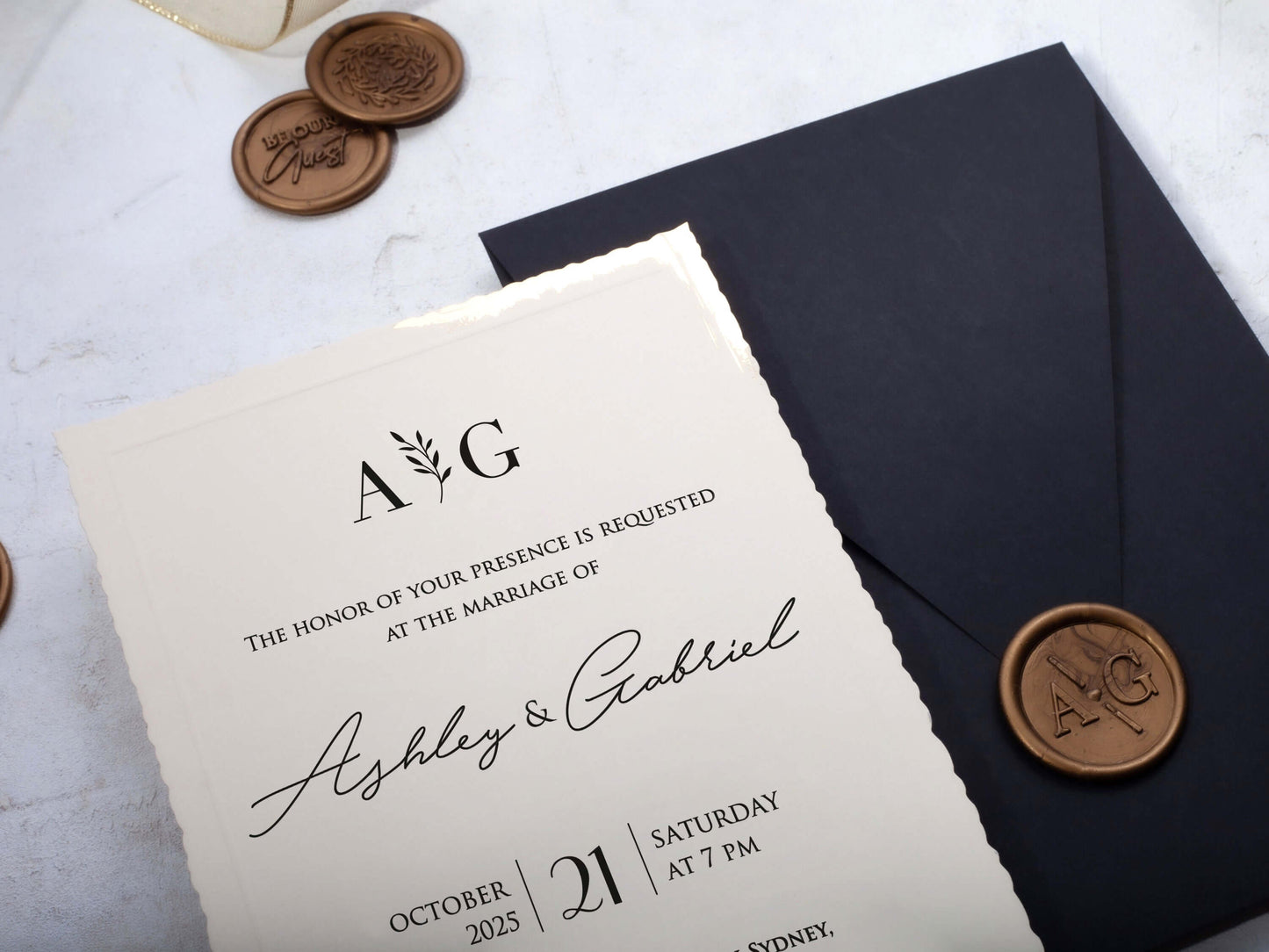 Ivory Color Wedding Invitation with Folded Edge and Black Envelope: Minimalist Elegance with a Touch of Luxury
