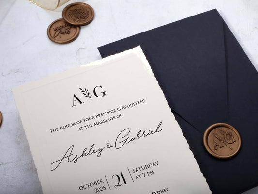 Minimalist Ivory Deckle Edge Wedding Invitation with Black Envelope