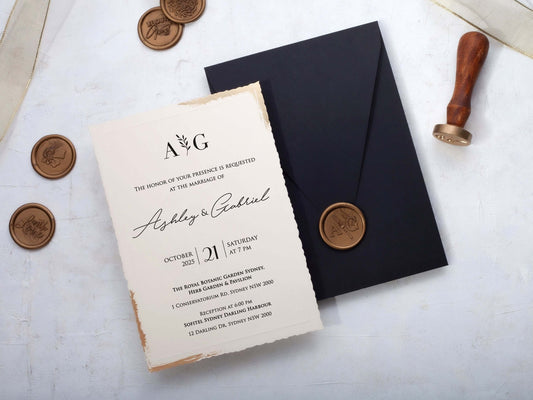 Minimalist Ivory Deckle Edge Wedding Invitation with Black Envelope