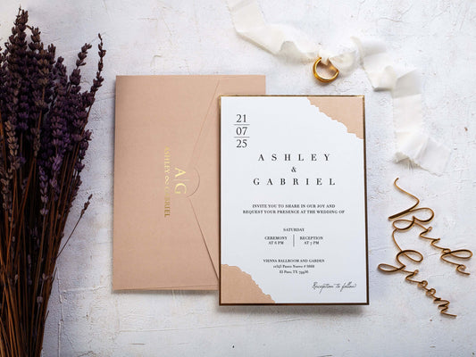 Beige Wedding Invitation, Gold Foil Frame, Beige Invitation and Envelope