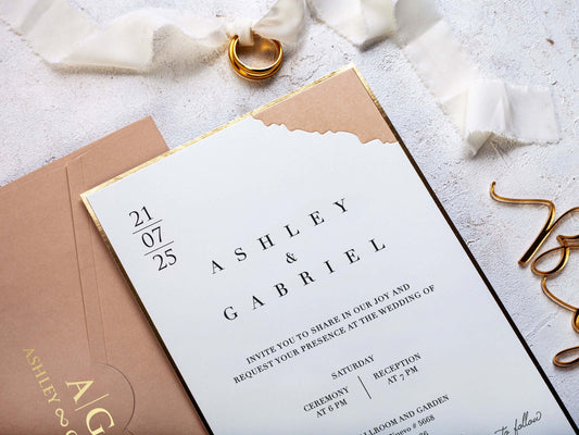 Beige Wedding Invitation, Gold Foil Frame, Beige Invitation and Envelope