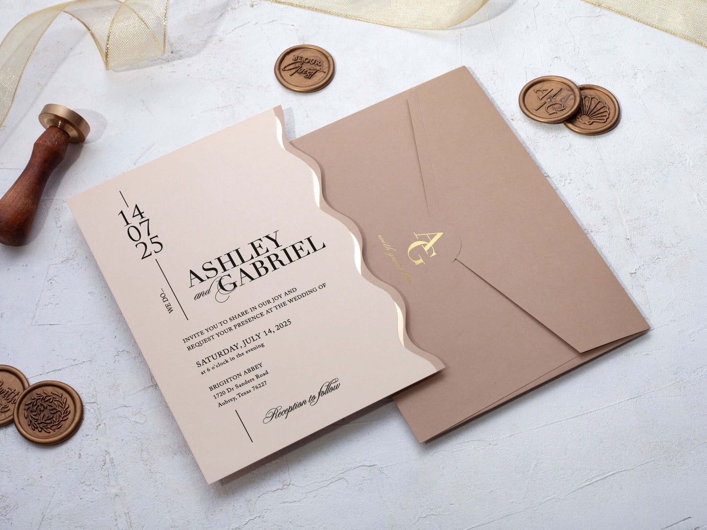 Beige Invitation Card Special Cut Invitation with Gold Foil Print Elegant Wedding Invitations