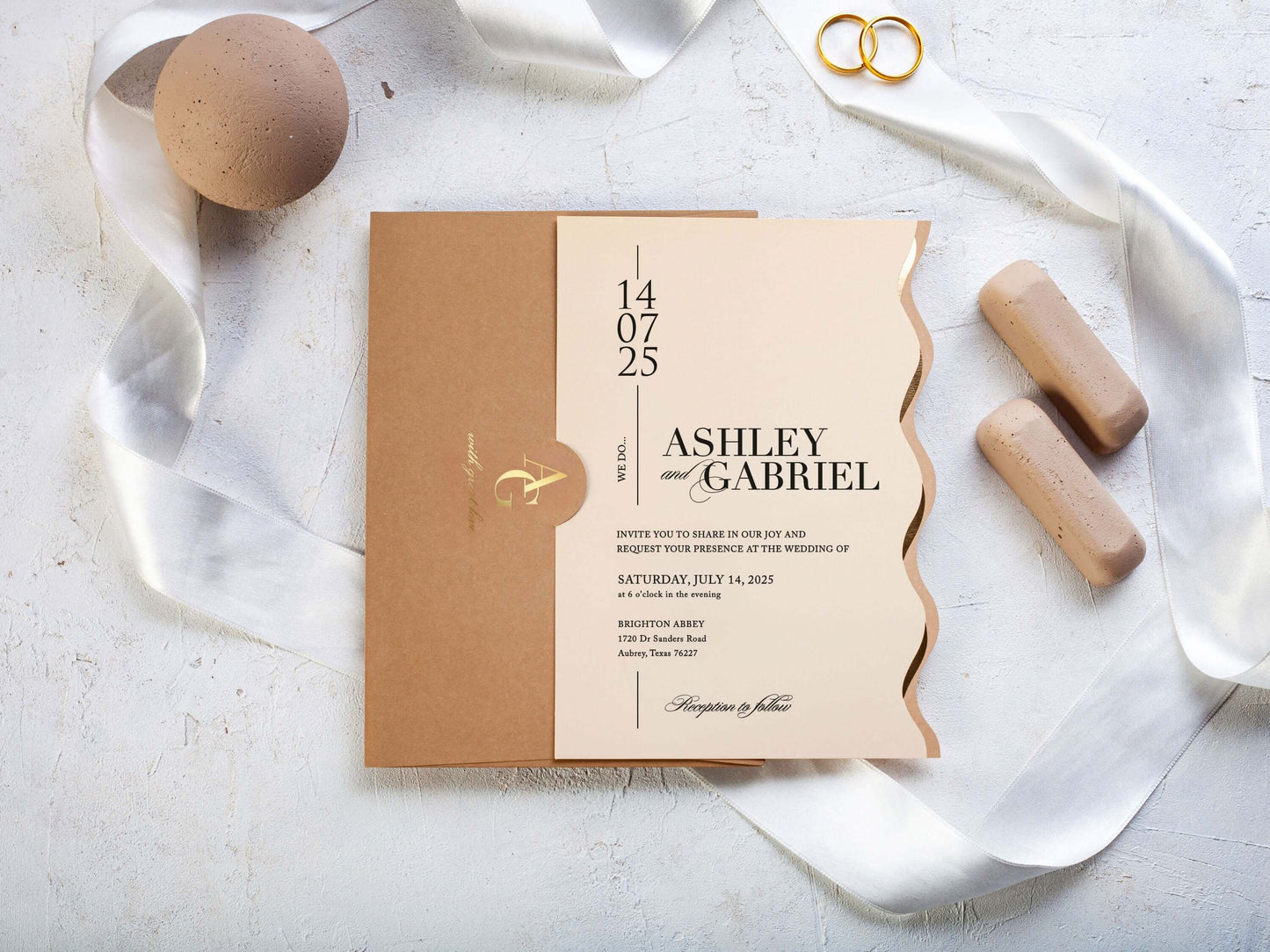 Beige Invitation Card Special Cut Invitation with Gold Foil Print Elegant Wedding Invitations