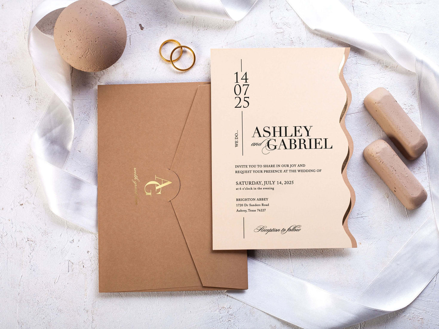 Beige Invitation Card Special Cut Invitation with Gold Foil Print Elegant Wedding Invitations