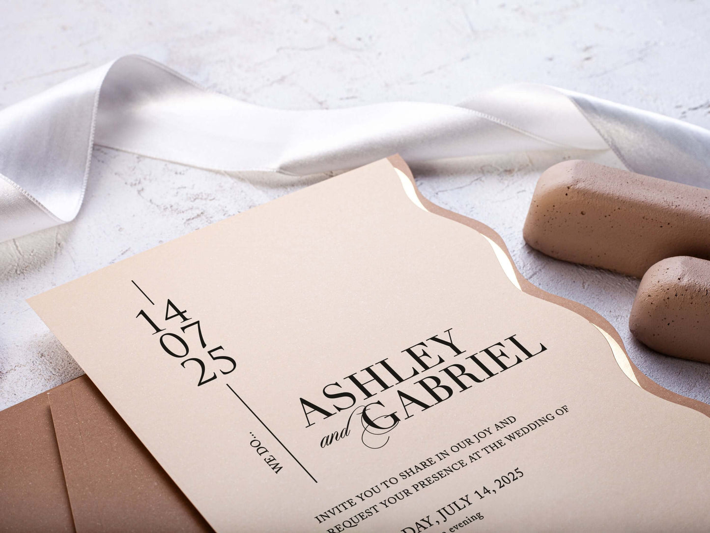 Beige Invitation Card Special Cut Invitation with Gold Foil Print Elegant Wedding Invitations