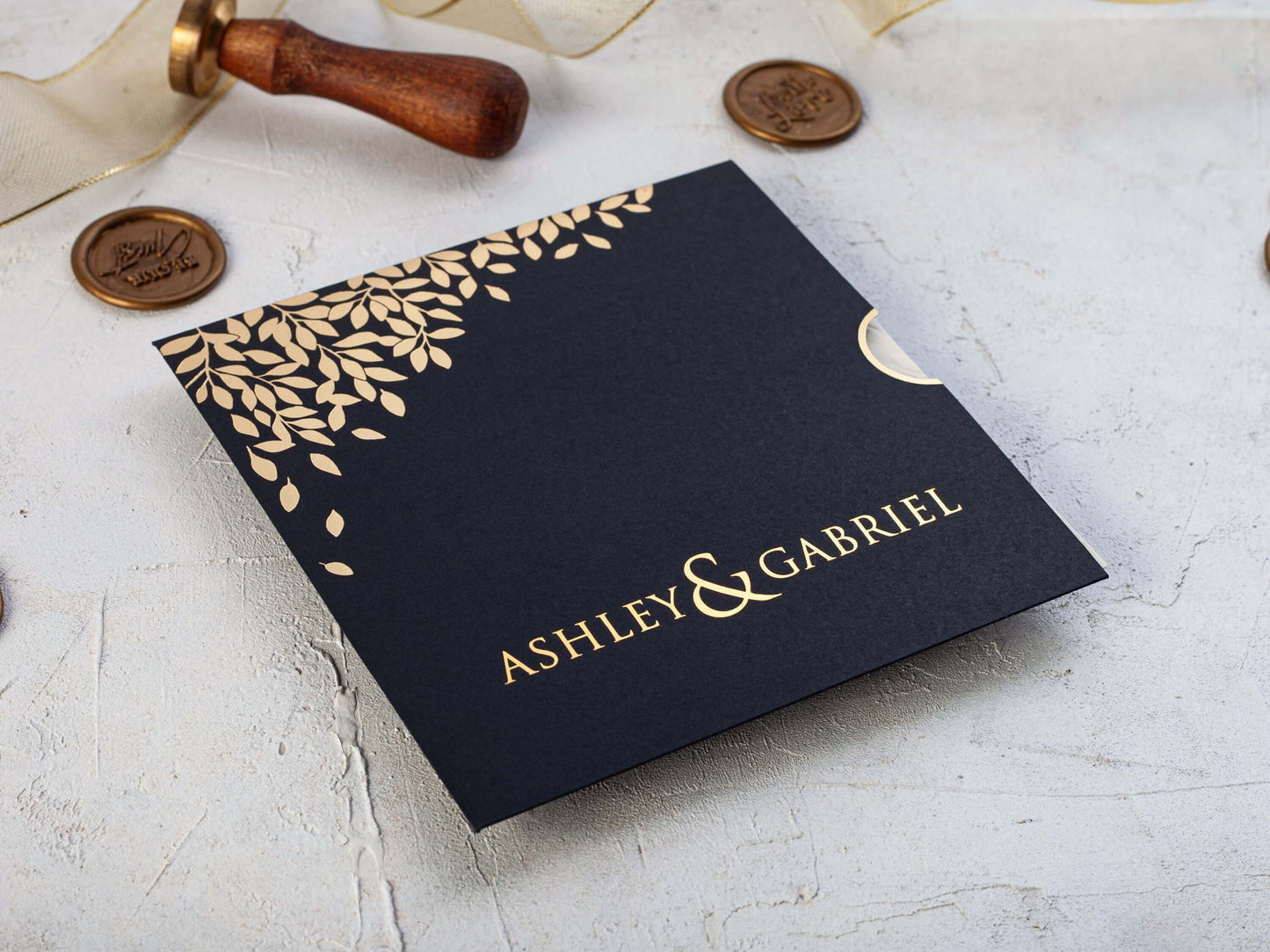 Embossed Leaves Wedding Invitation with Gold Foil on Black Envelope