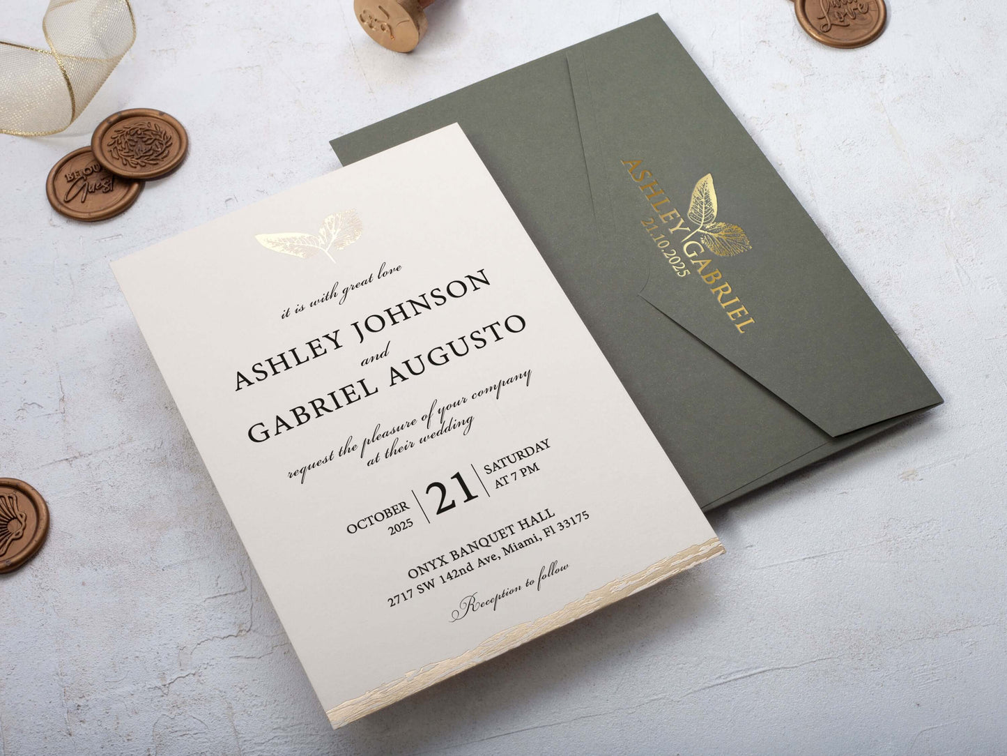 Minimalist Wedding Invitation with Khaki Green Envelope Inspired by Nature