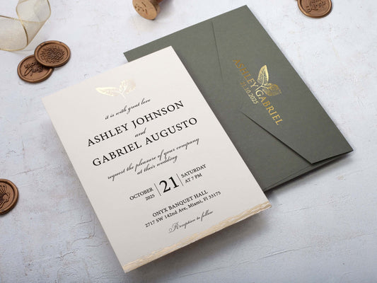 Minimalist Wedding Invitation with Khaki Green Envelope Inspired by Nature