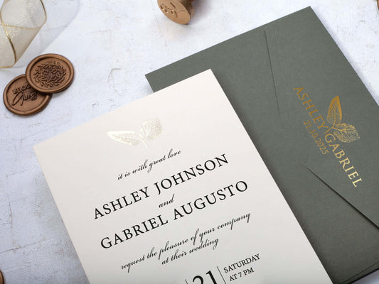 Minimalist Wedding Invitation with Khaki Green Envelope Inspired by Nature