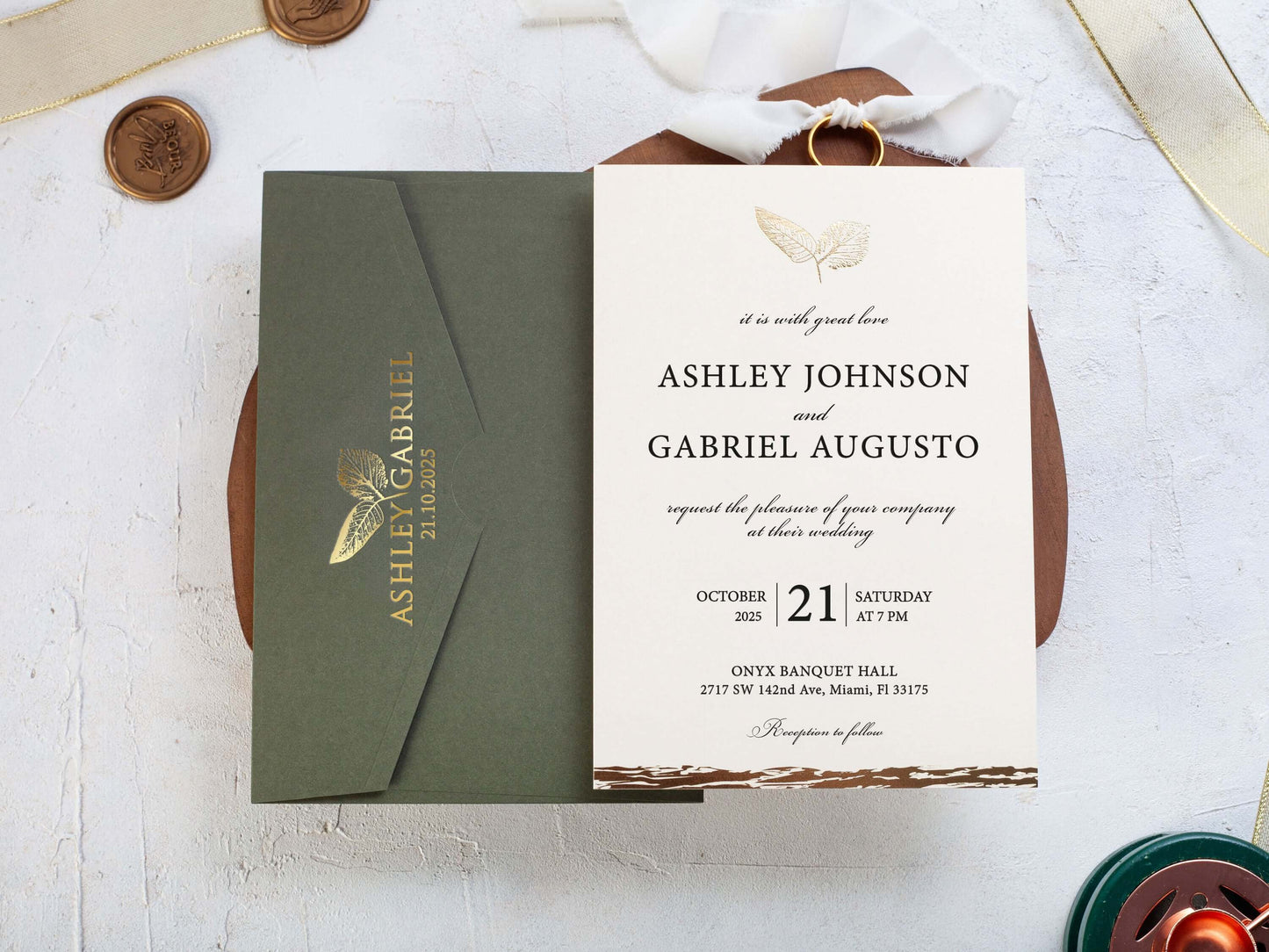 Minimalist Wedding Invitation with Khaki Green Envelope Inspired by Nature