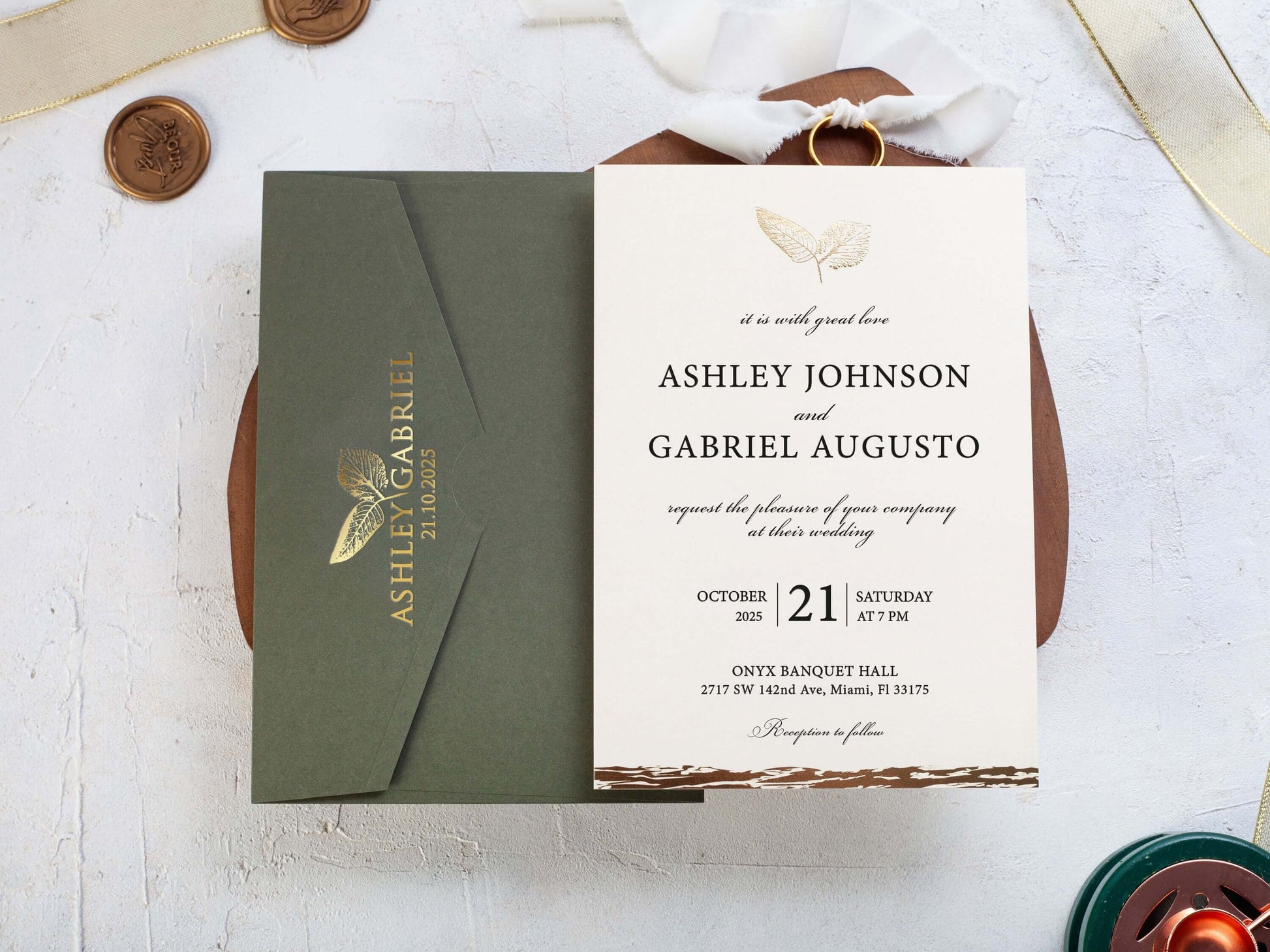 Minimalist Wedding Invitation with Khaki Green Envelope Inspired by Nature