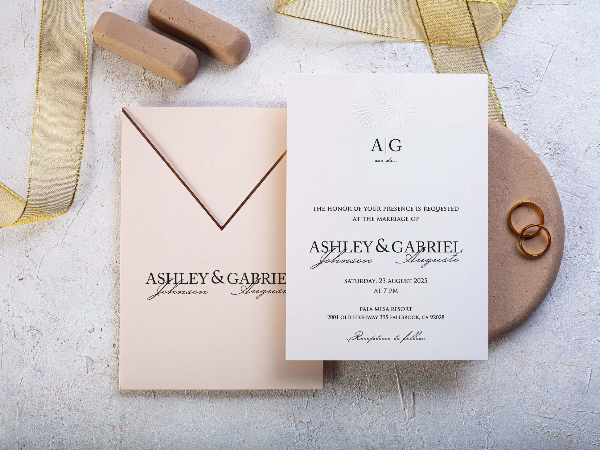 Blush Pink and Gold Minimalist Wedding Invitations