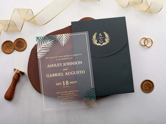 Tropical Details Acrylic Wedding Invitation with Palm Leaves