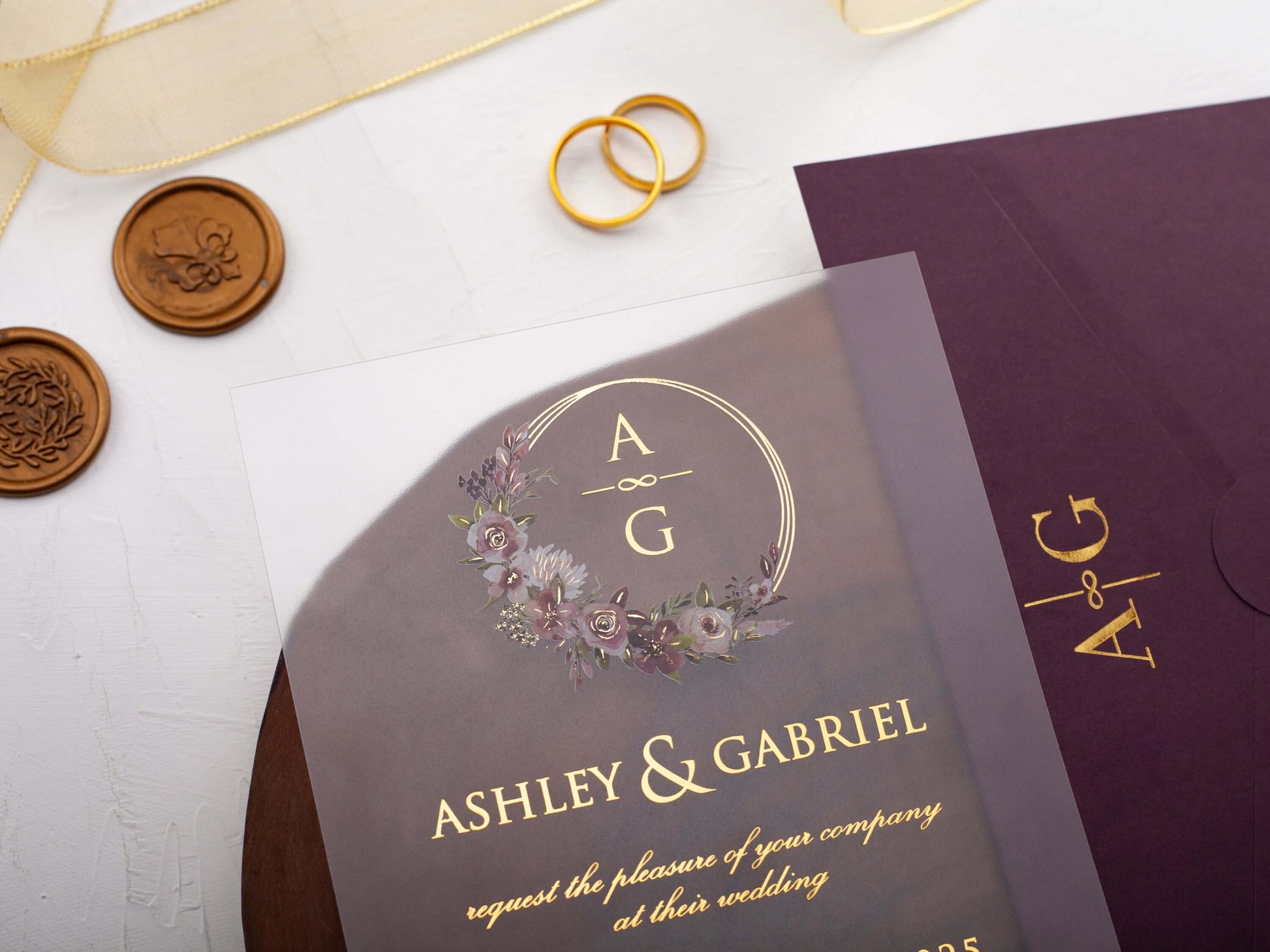 Elegant Acrylic Wedding Invitation with Purple Envelope and Gold Foil Printing