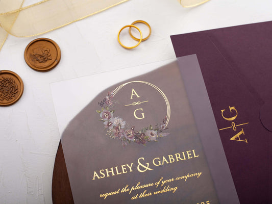 Elegant Acrylic Wedding Invitation with Purple Envelope and Gold Foil Printing
