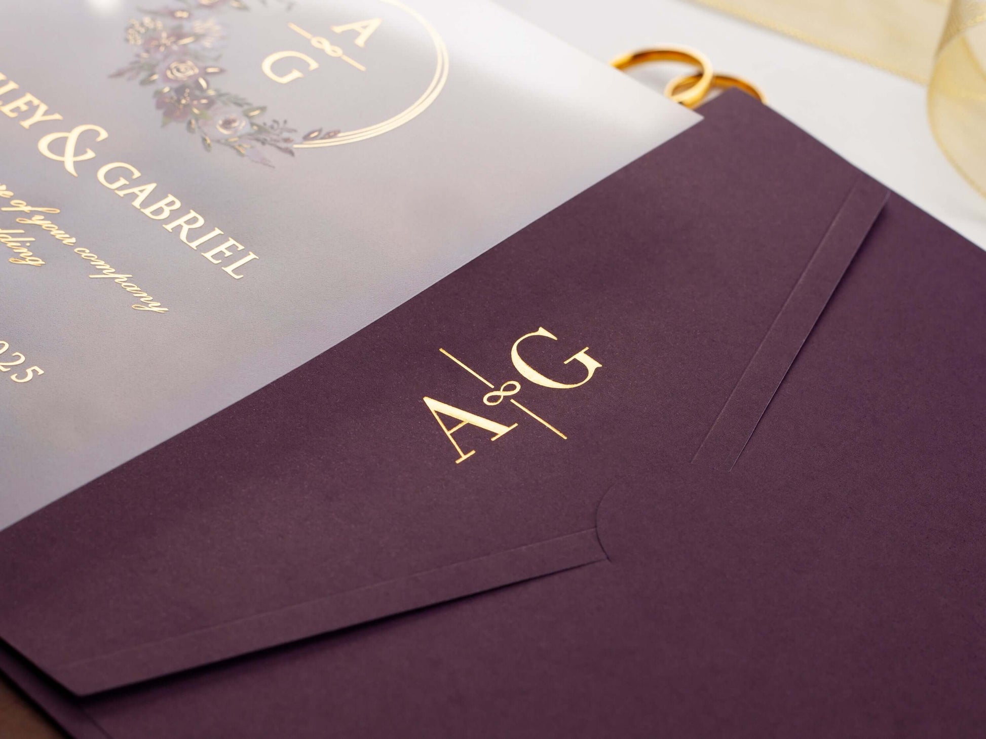 Elegant Acrylic Wedding Invitation with Purple Envelope and Gold Foil Printing