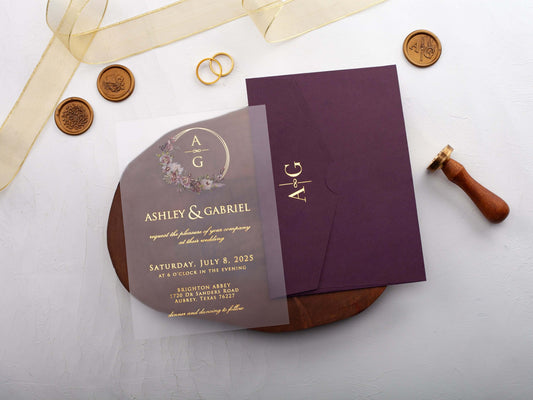 Elegant Acrylic Wedding Invitation with Purple Envelope and Gold Foil Printing