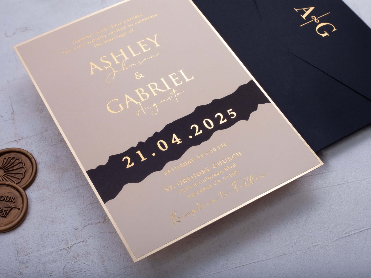 Cream Pink Modern Look Paper Wedding invitation with Black Envelope