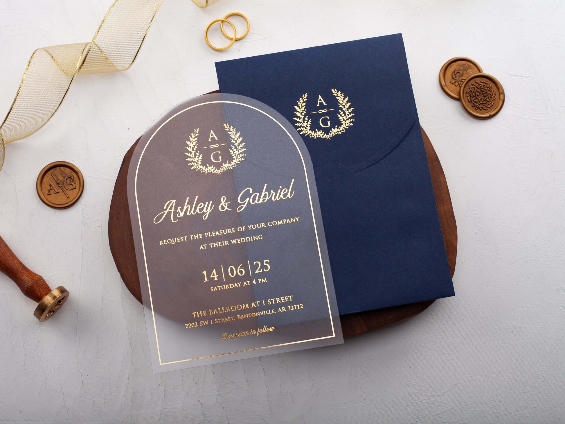 Modern Arch Acrylic Wedding Invitation with Blue Envelope