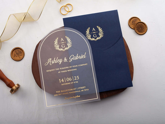 Modern Arch Acrylic Wedding Invitation with Blue Envelope