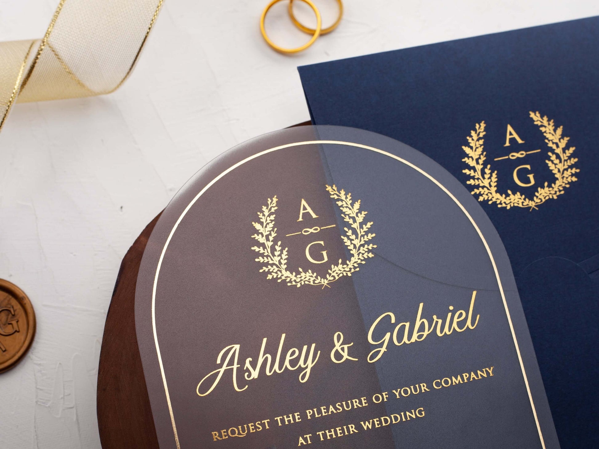 Modern Arch Acrylic Wedding Invitation with Blue Envelope