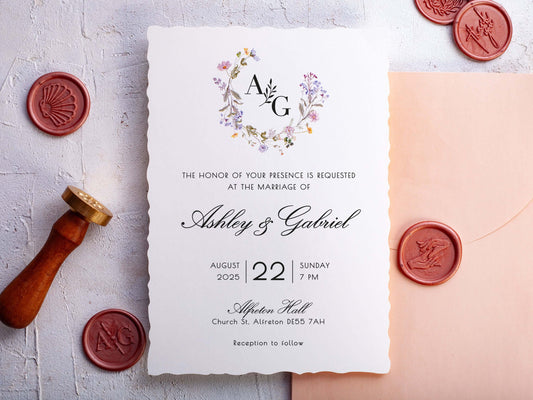 Floral Wedding Invites, Deckled Edge Wedding Invitations