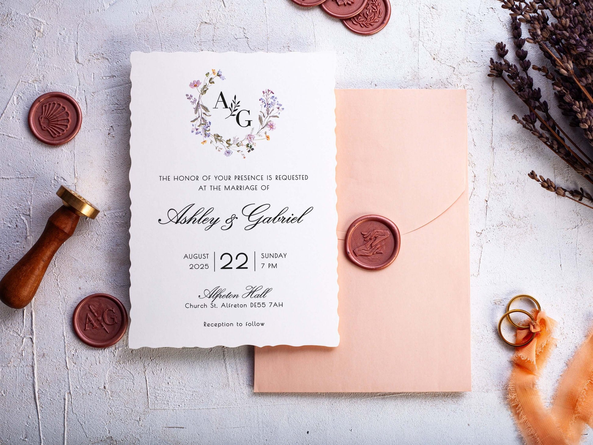 Floral Wedding Invites, Deckled Edge Wedding Invitations