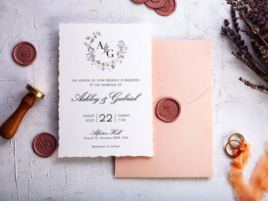 Floral Wedding Invites, Deckled Edge Wedding Invitations
