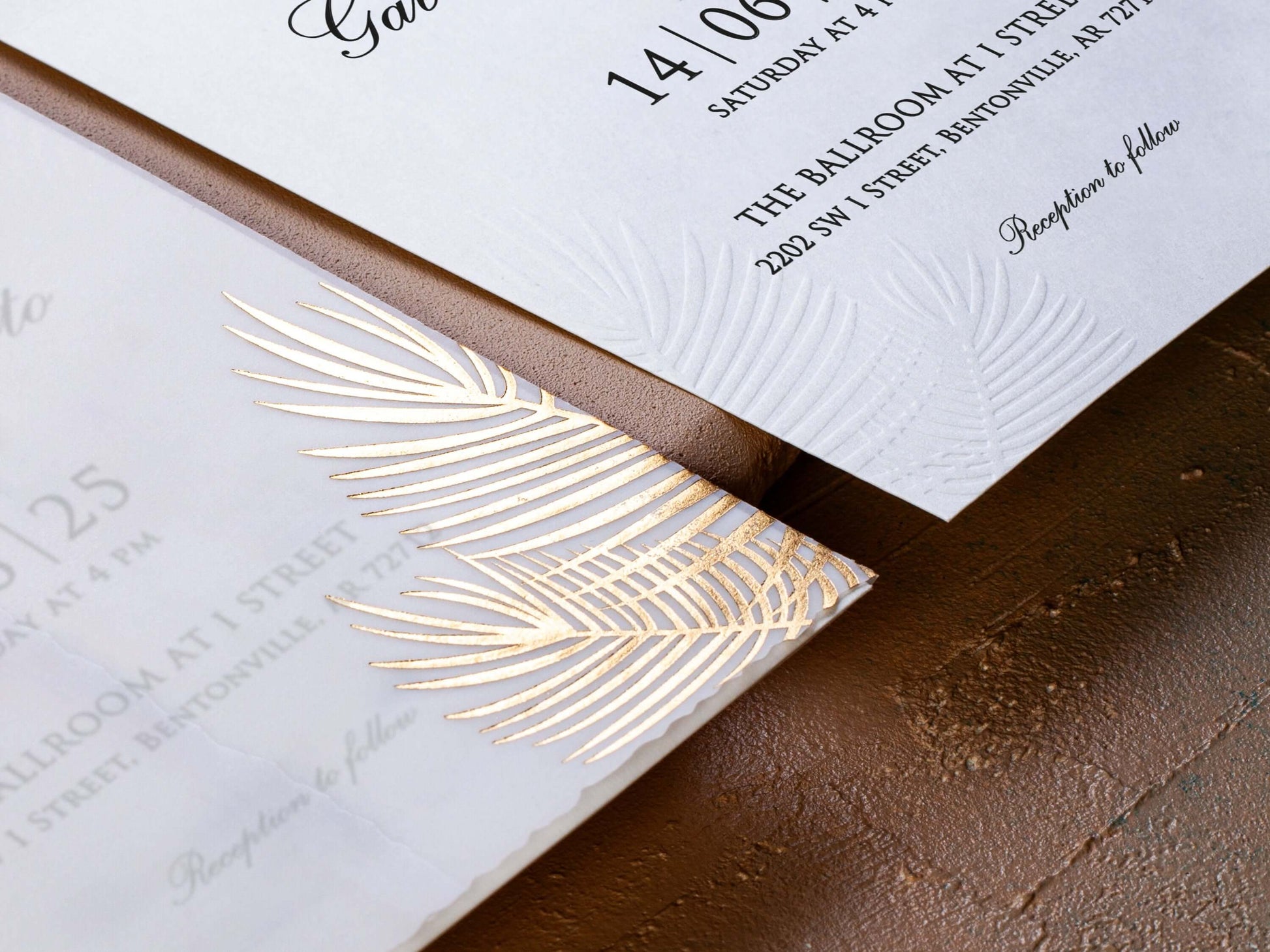 Blind Embossed Wedding Invitation with Palm Leaf Detail