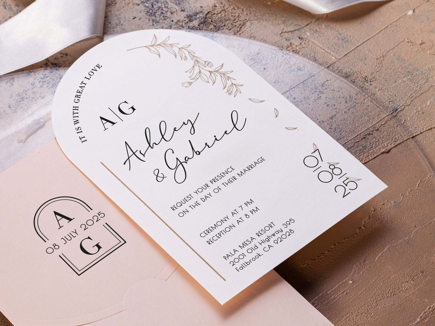 Arch Wedding Invitations with Pink Envelope