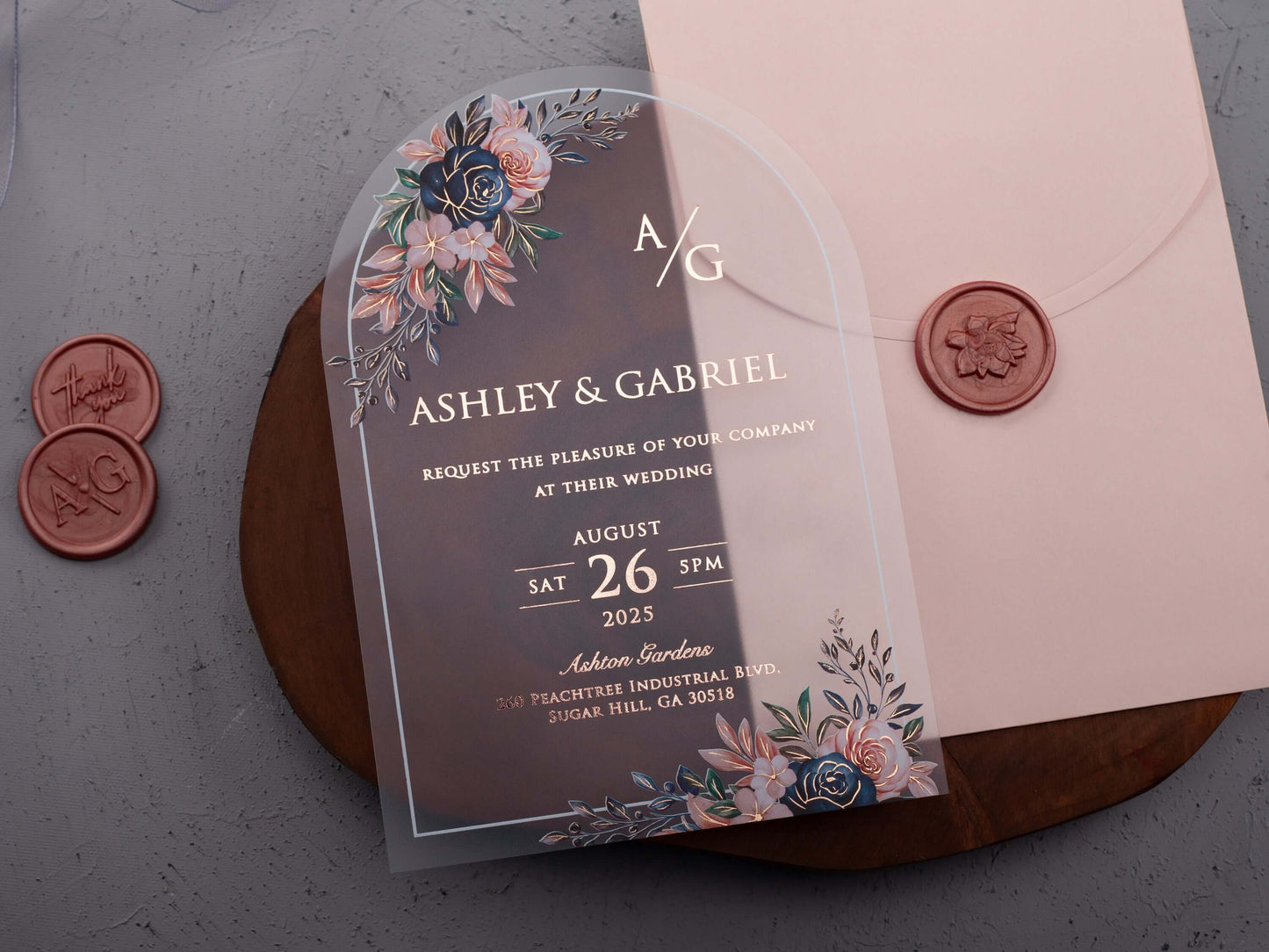 Arch Acrylic Wedding Invitation with Rose Gold Foil | Floral Acrylic Card