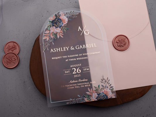 Arch Acrylic Wedding Invitation with Rose Gold Foil | Floral Acrylic Card