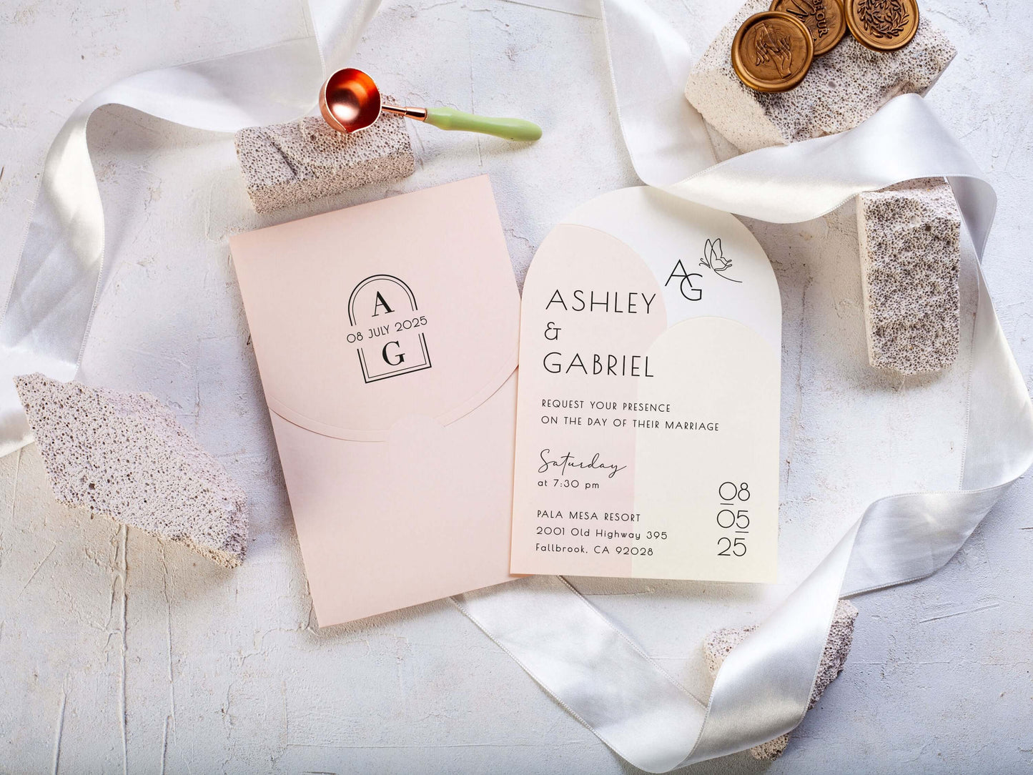 Modern Arch Shape Wedding Invitation with Pink Envelope