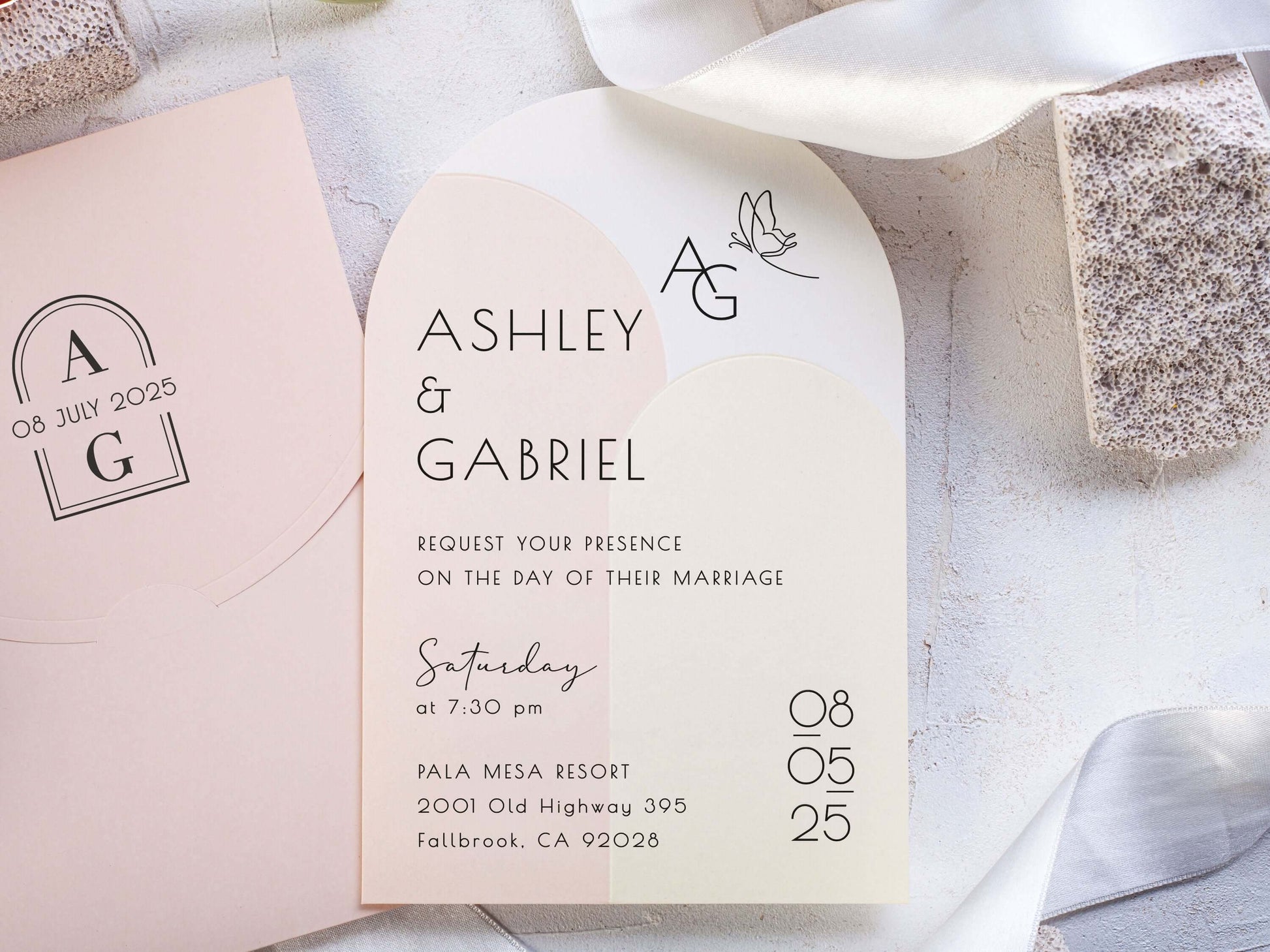 Modern Arch Shape Wedding Invitation with Pink Envelope
