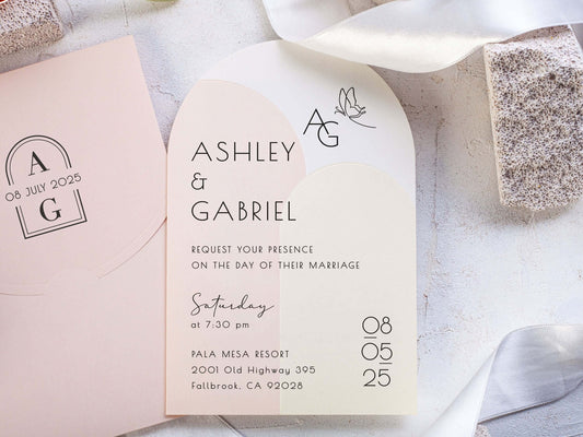 Modern Arch Shape Wedding Invitation with Pink Envelope