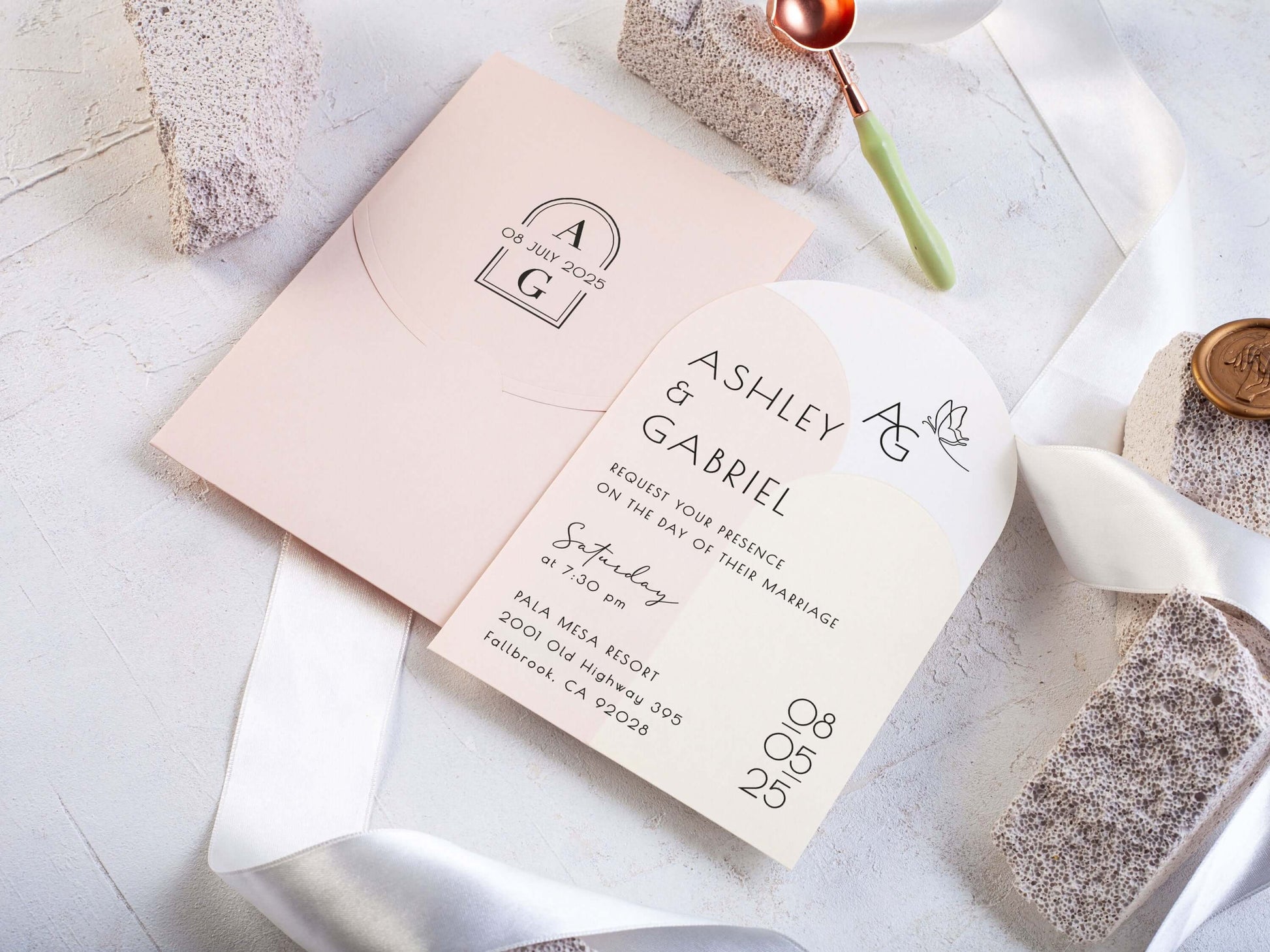 Modern Arch Shape Wedding Invitation with Pink Envelope