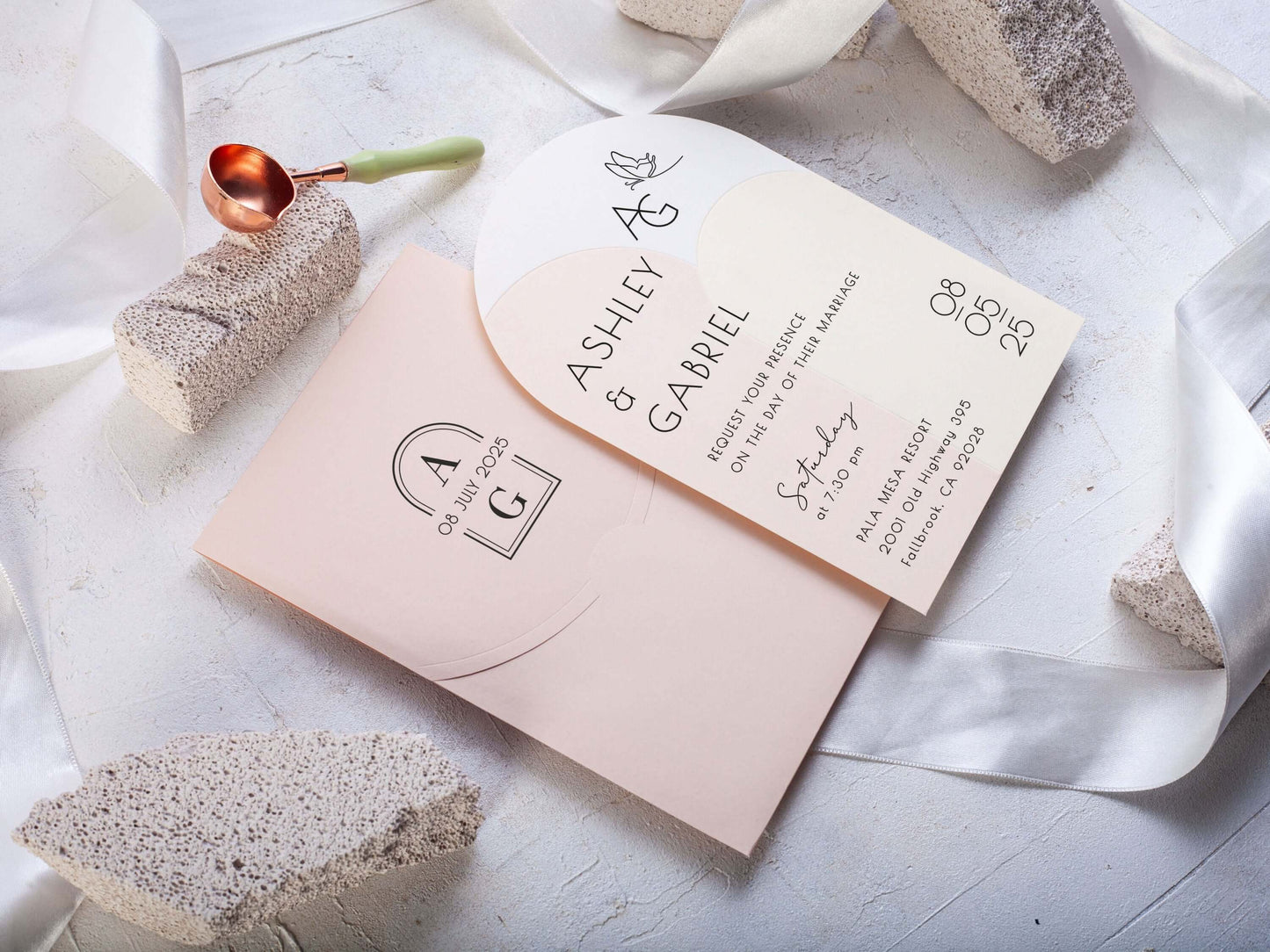 Modern Arch Shape Wedding Invitation with Pink Envelope