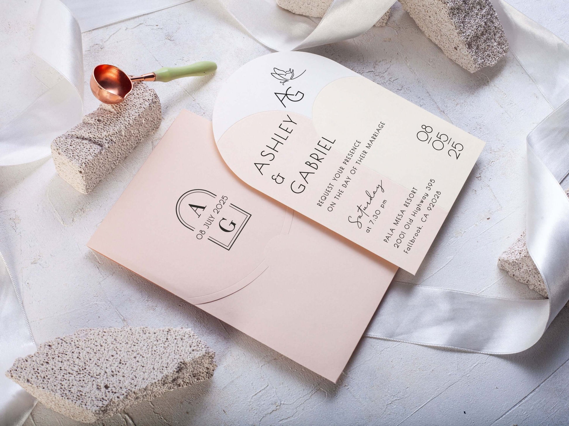 Modern Arch Shape Wedding Invitation with Pink Envelope