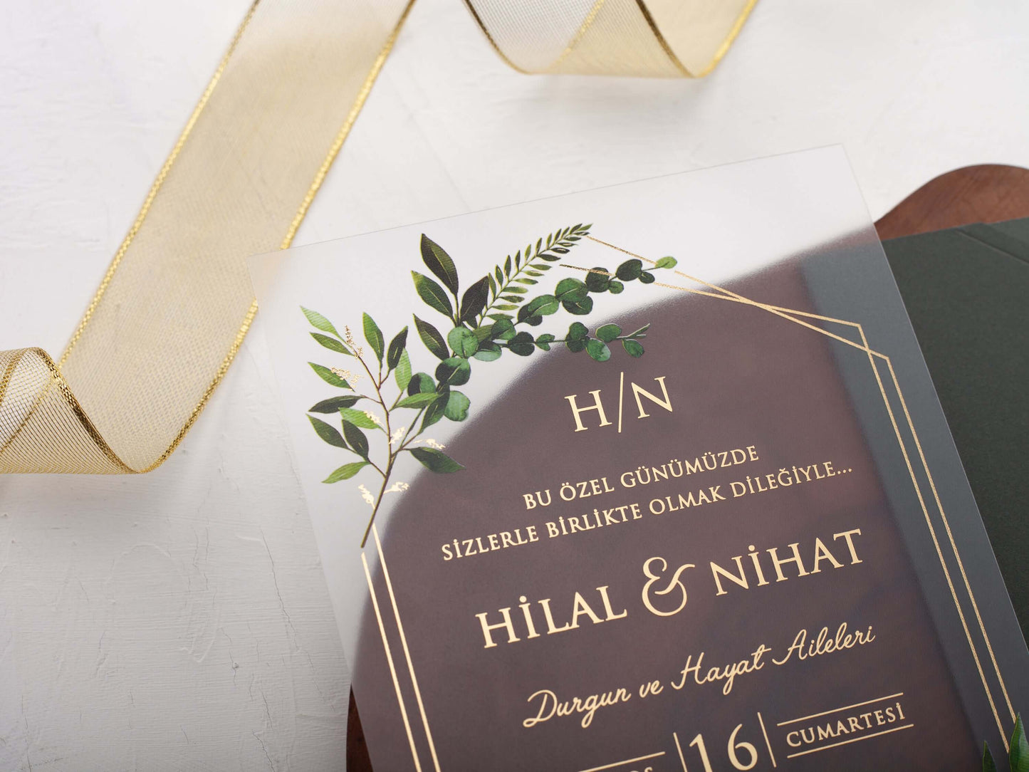 Acrylic Wedding Invitation with Dark Green Envelope
