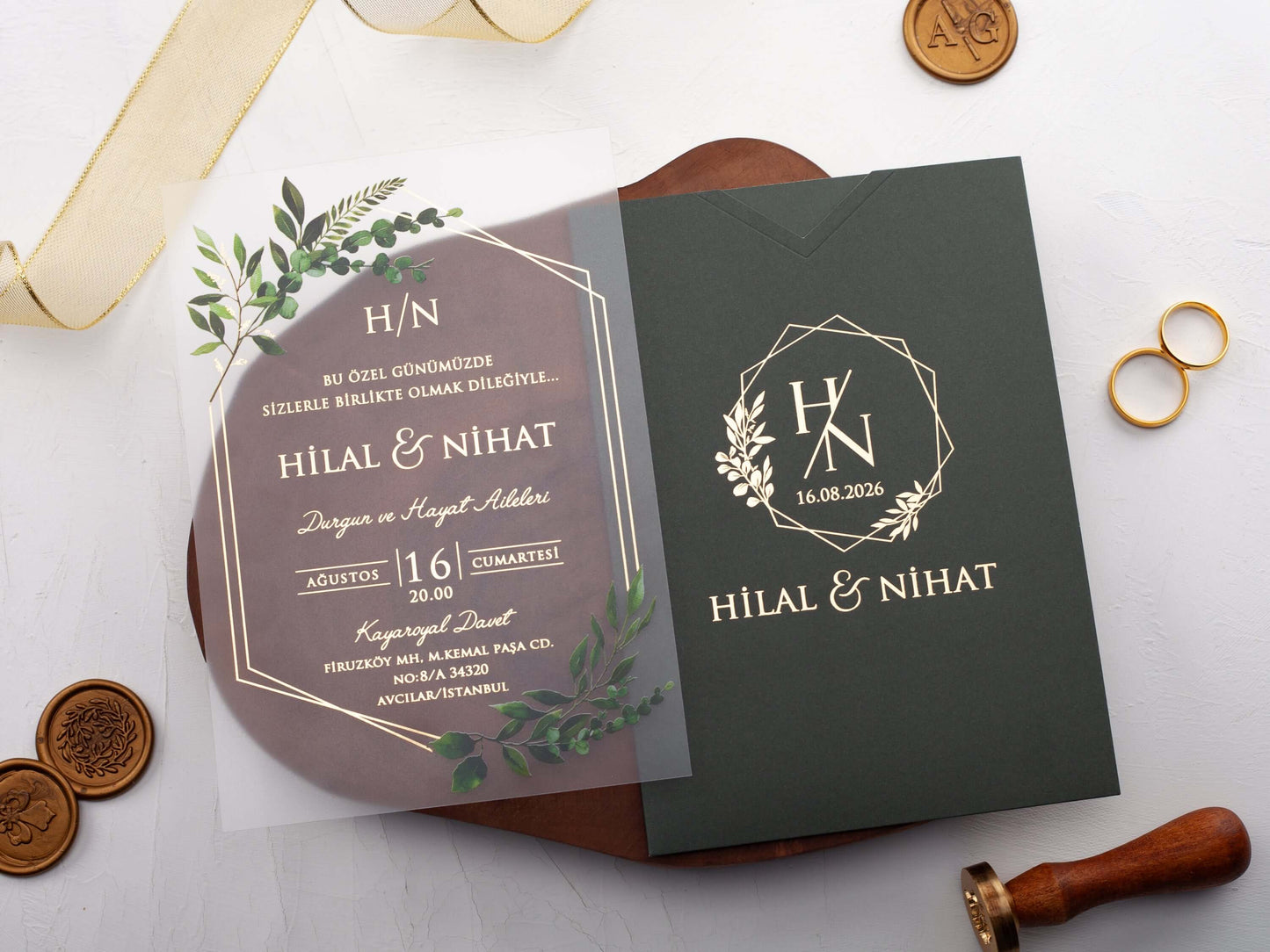 Acrylic Wedding Invitation with Dark Green Envelope