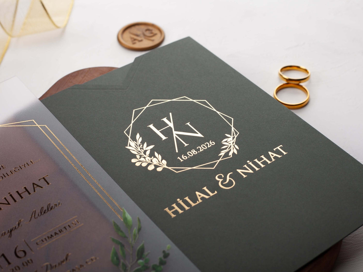 Acrylic Wedding Invitation with Dark Green Envelope