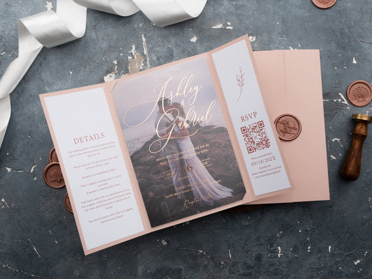 Acrylic Wedding Invitations with Blush Pink Jacket and Rose Gold Foil Printing