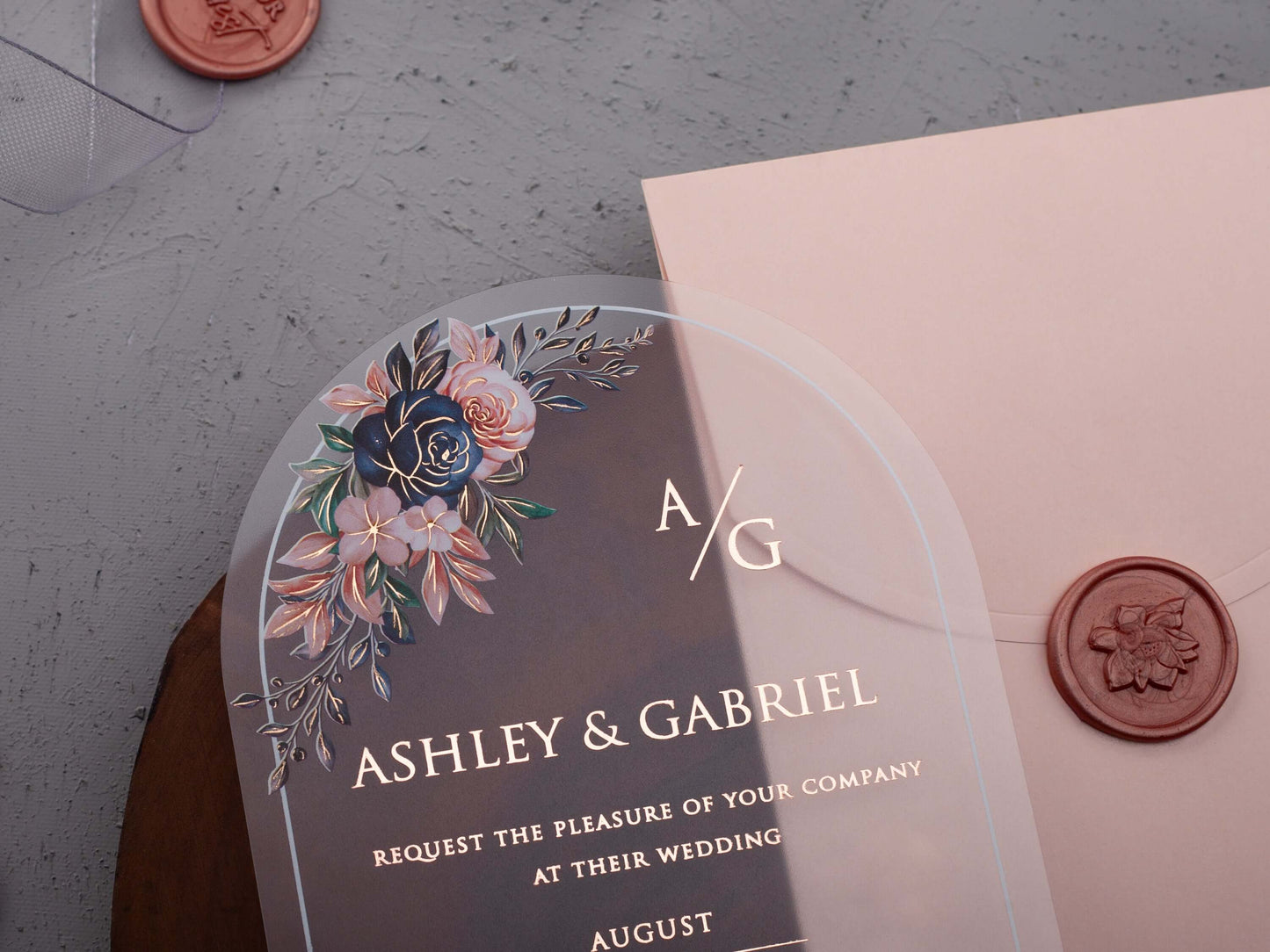 Arch Acrylic Wedding Invitation with Rose Gold Foil | Floral Acrylic Card