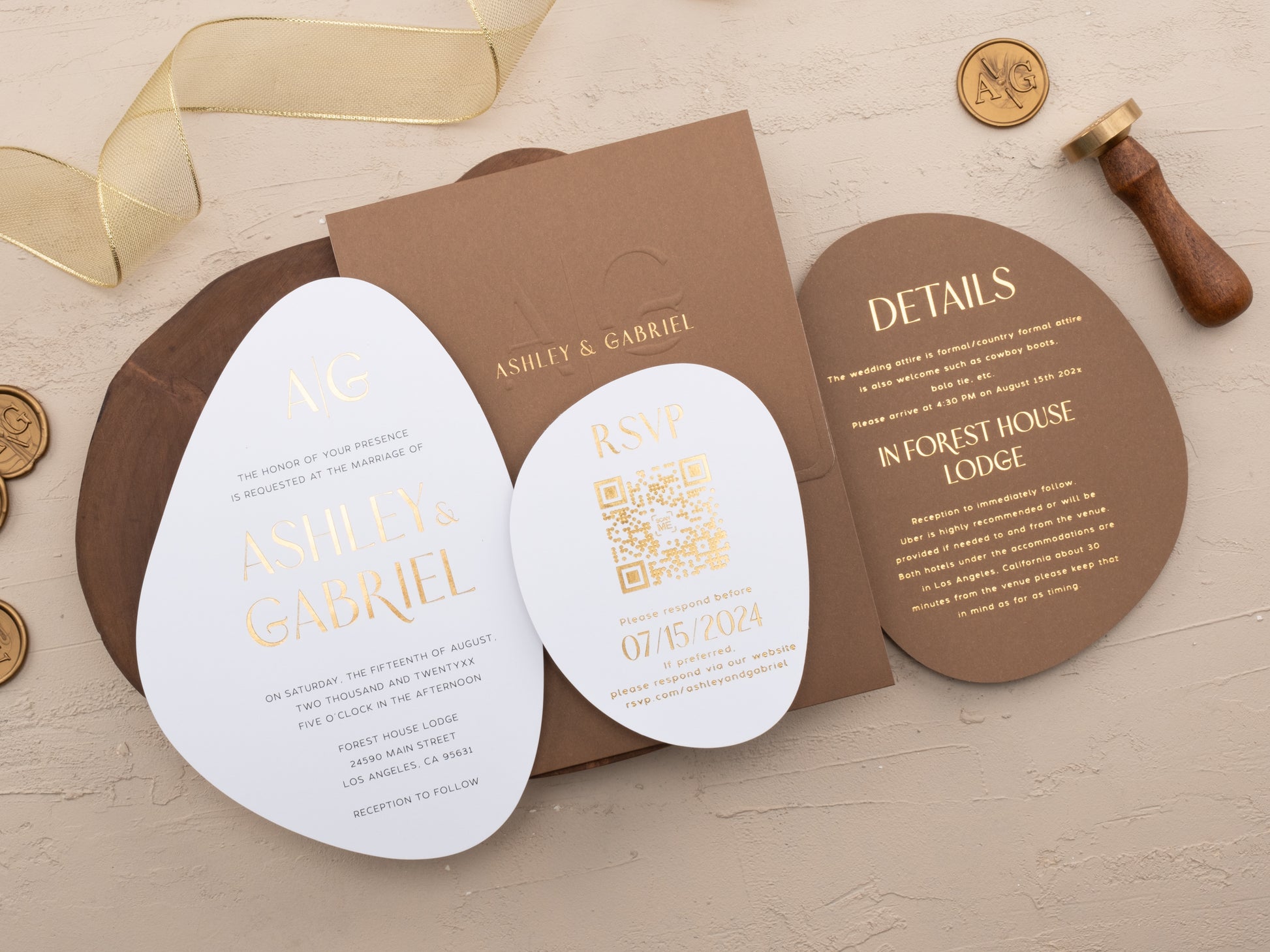 Full brown wedding invitation set with RSVP and details card, QR code visible