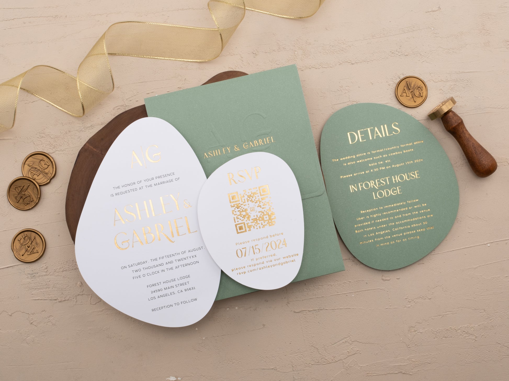 Full invitation suite with sage green details card and RSVP card with QR code